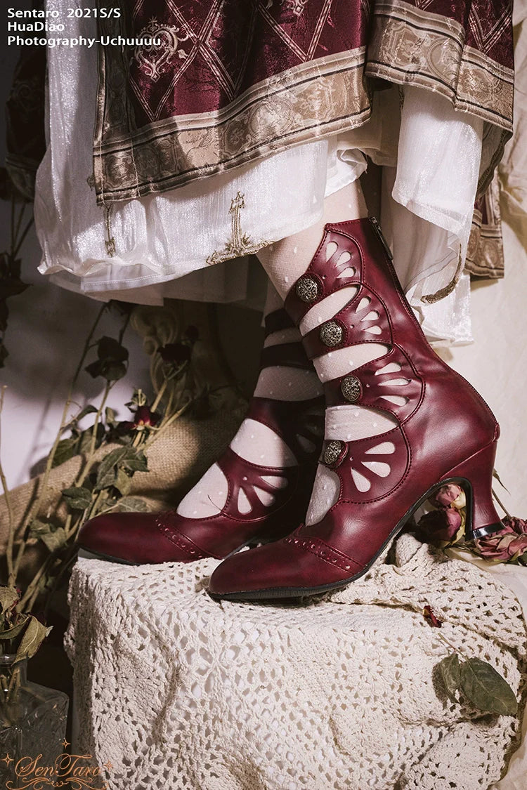 Sentaro - Floral Carved - Vintage Lolita Shoes Mary Jane Hollow-out Ankle Boots