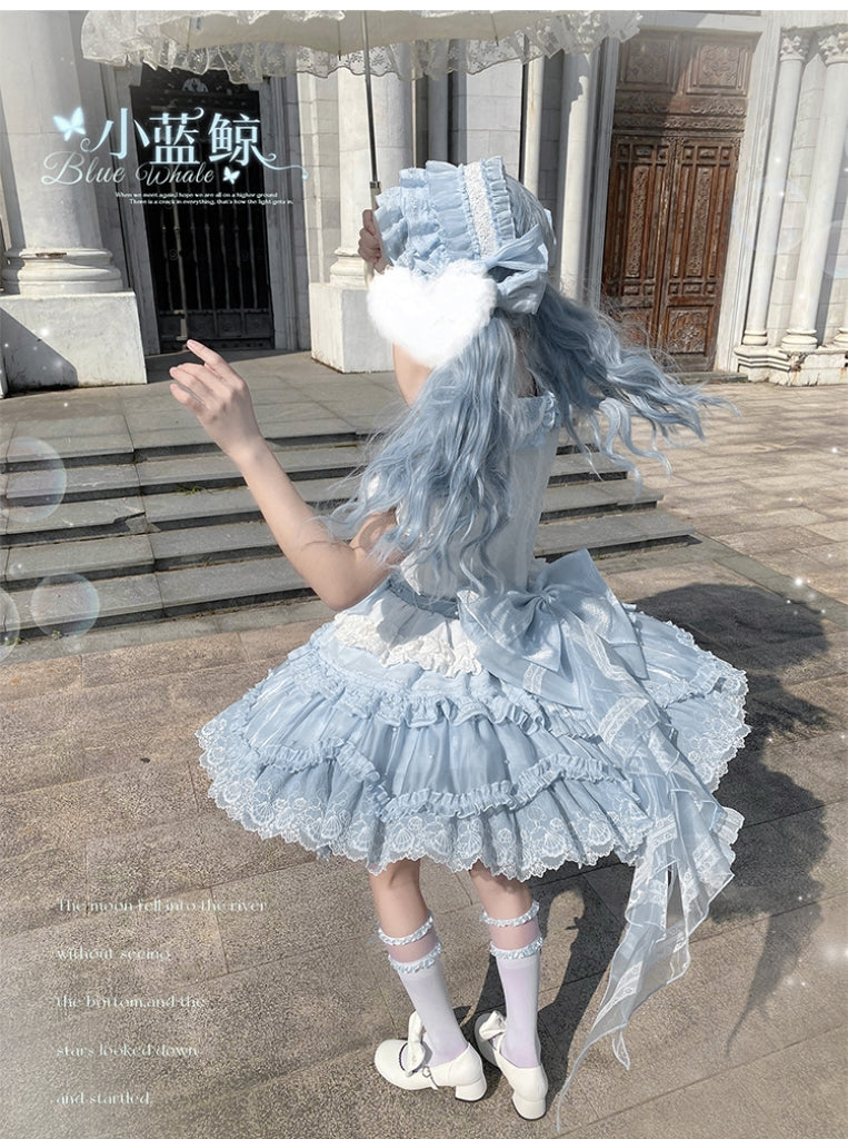 Honey Machine - Blue Whale - Sweet Lolita OP Suit Tiered Ruffle Dress with Shell Lace