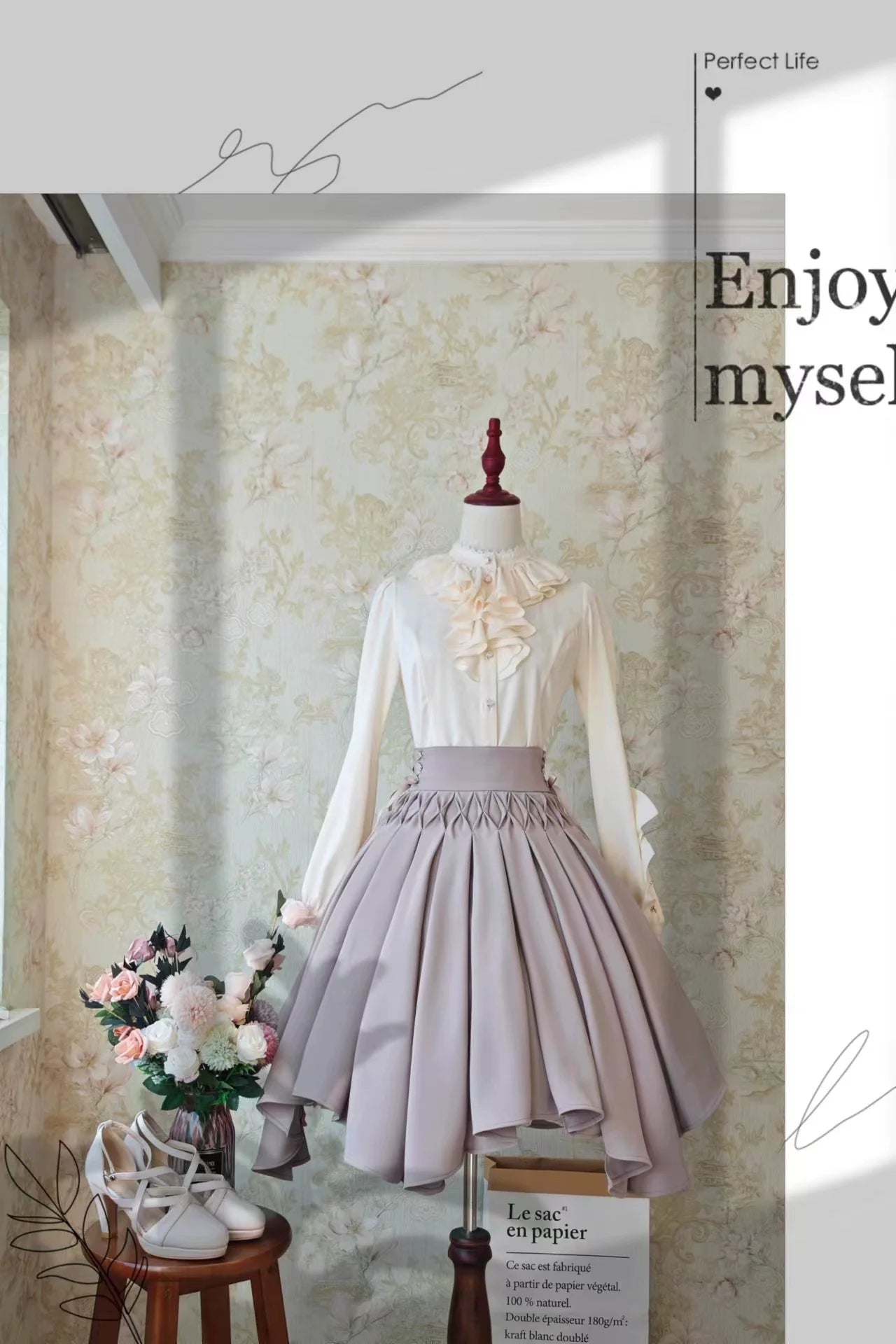 Sentaro - Pleated Irregular Knit Floral Slim Fit Vest and Half Skirt Set