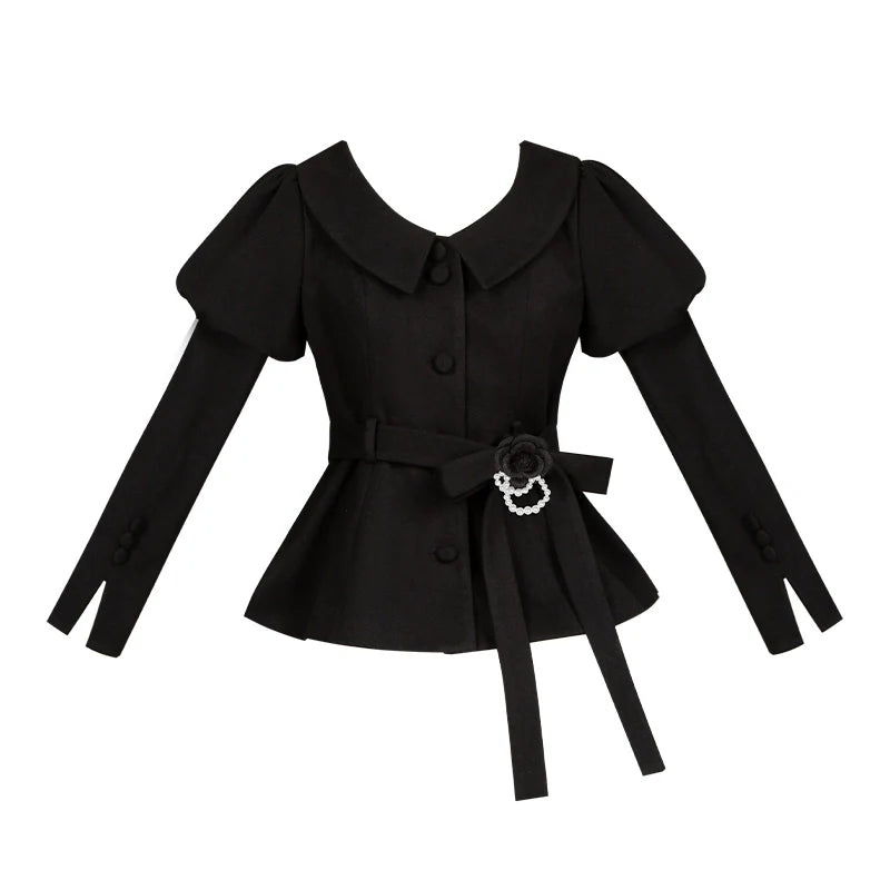 With PUJI - Old Testament - Classic Lolita Coat Black Plush Lolita Cape and Brooch