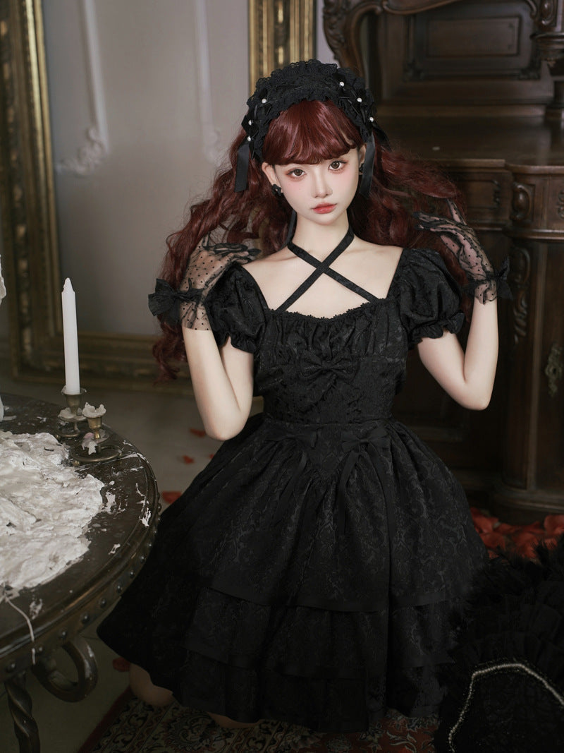 Eieyomi - Thorn Rose - Gothic Lolita Three-layer Ruffle Black OP