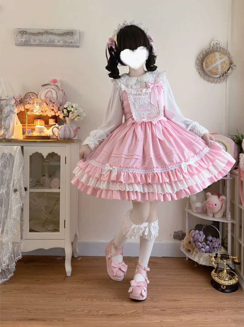 Hanguliang - Sweet Bear - Kawaii Lolita JSK Dress Embroidery Flounce Hem