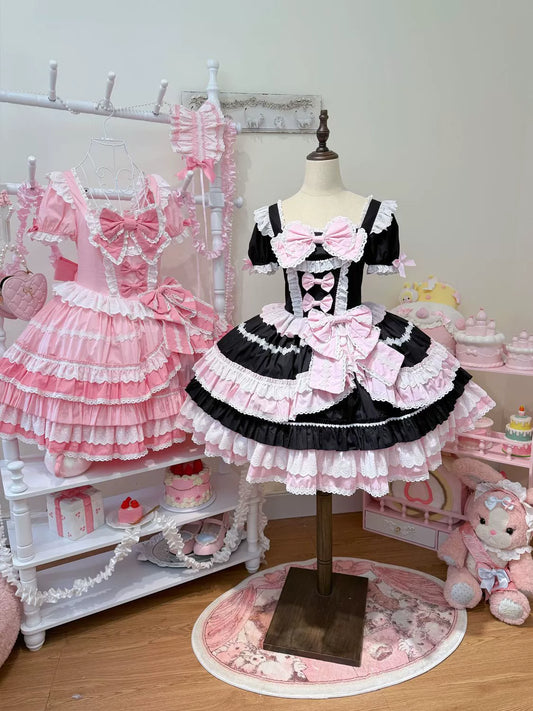 Hanguliang - Showa Flower Butterfly - Pink Sweet Lolita OP Dress With Bows & Lace Trim