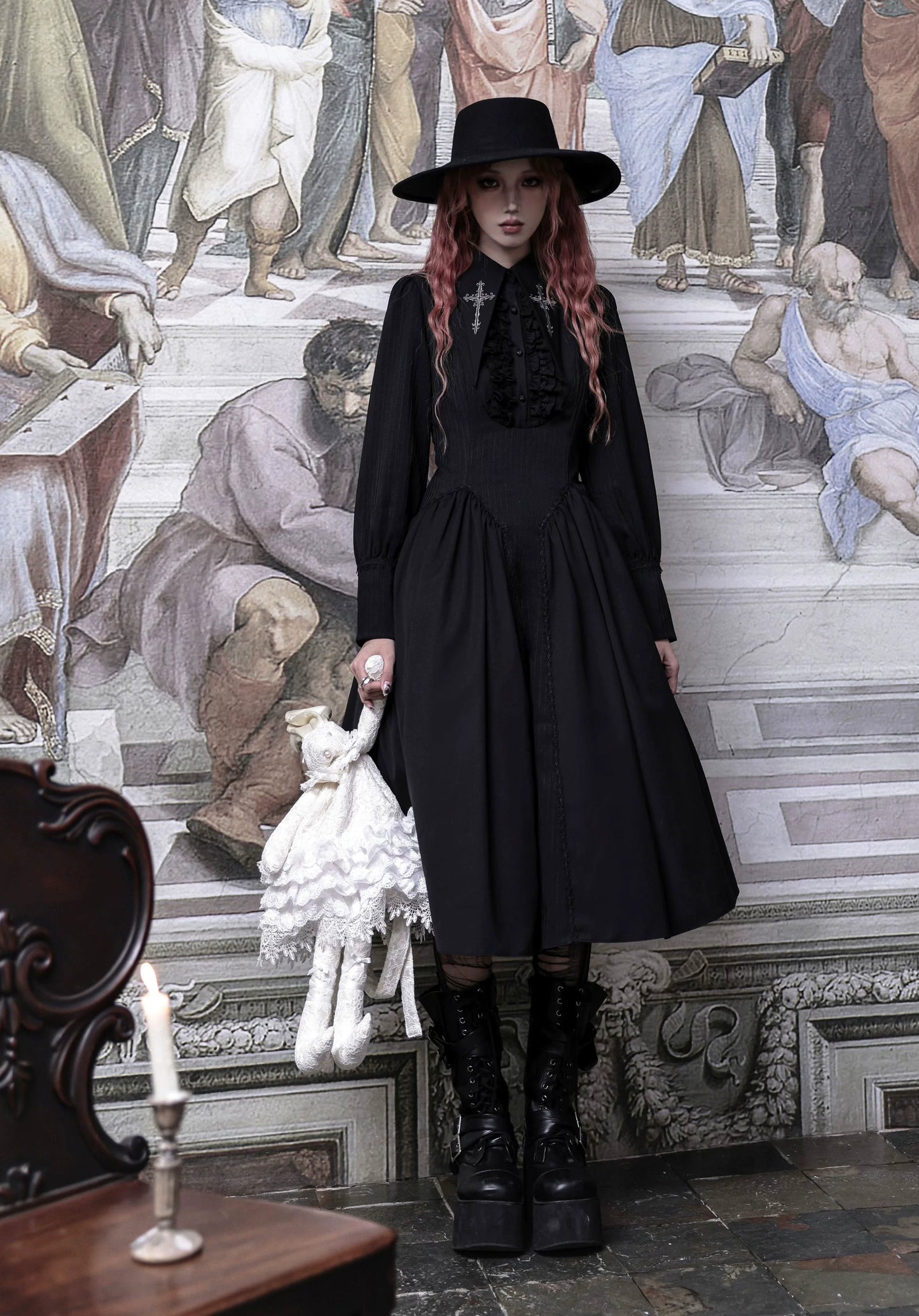 Lilizi - Redemption Song - Gothic Lolita OP Dress Cross Embroidery Tiered Hem