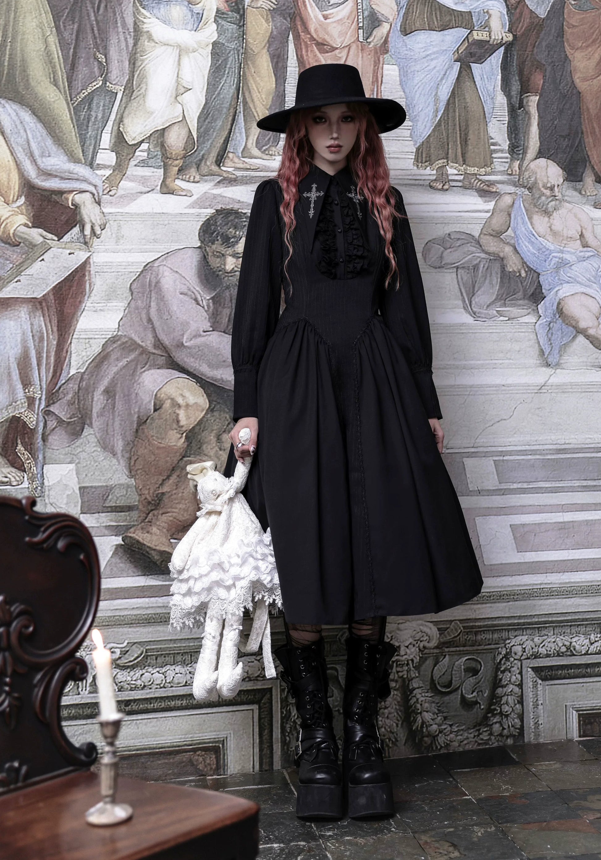 Lilizi - Redemption Song - Gothic Lolita OP Dress Cross Embroidery Tiered Hem