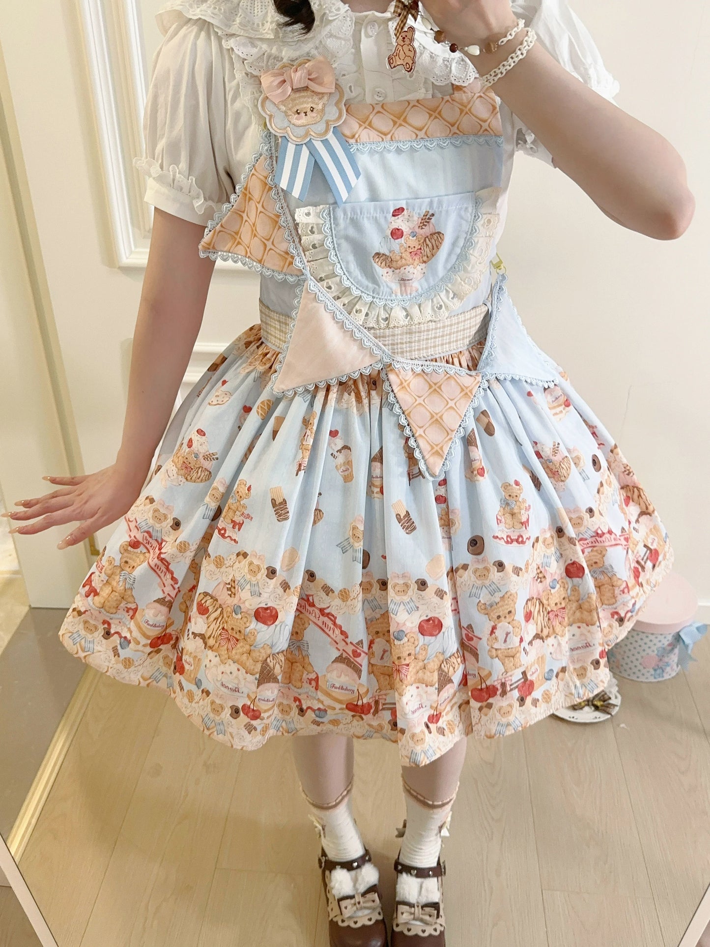 White Tea Story - Little Bear Bonny - Kawaii Lolita Salopette, Bear & Dessert Print