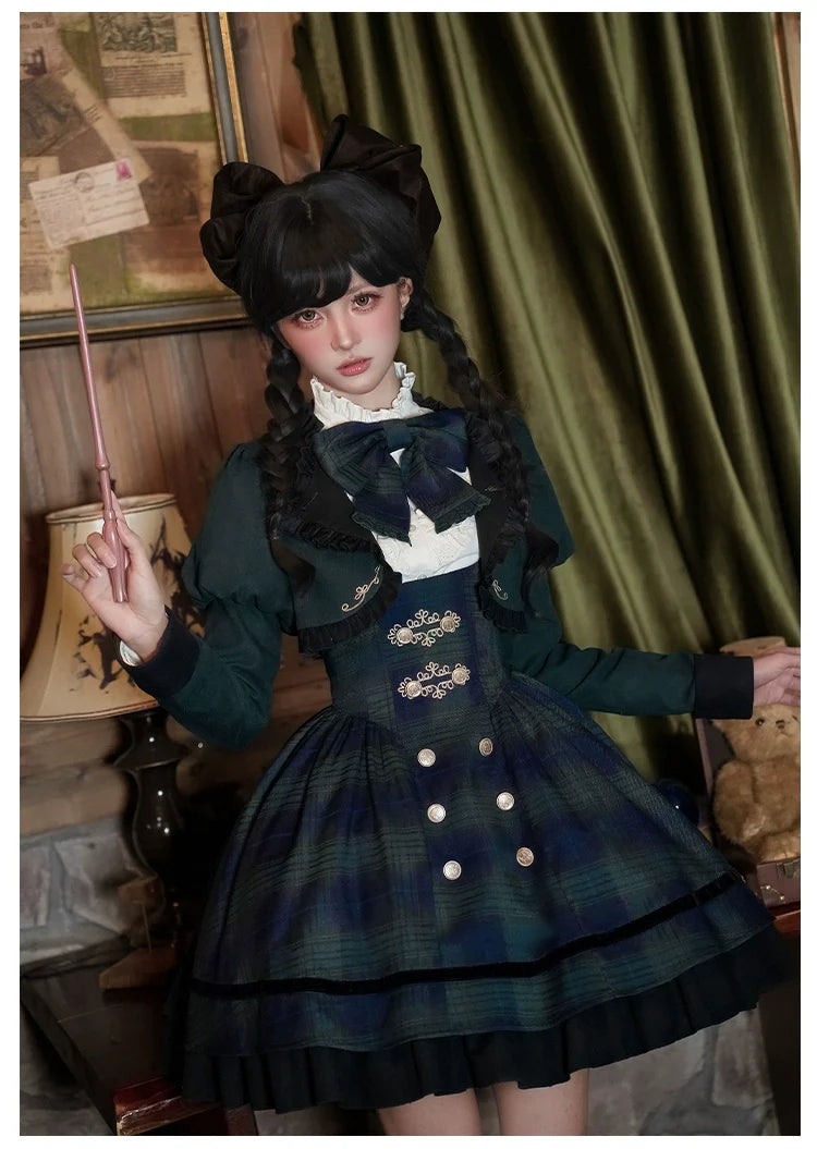 With PUJI - Berlin Souvenir - Plaid Preppy Style Lolita Bust Supporting JSK Outfit