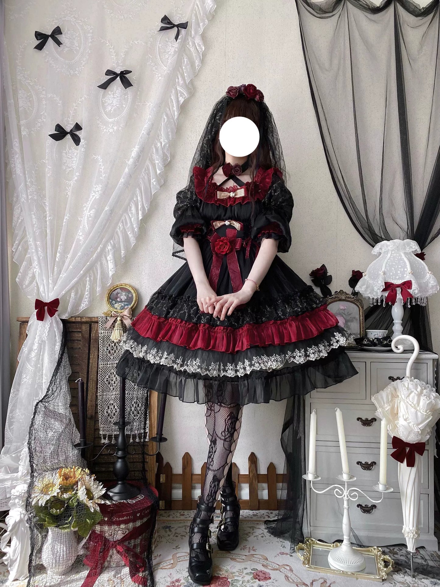 Uncle's Workshop - Night of Berea - Gothic Lolita OP Black and Red Lolita Dress