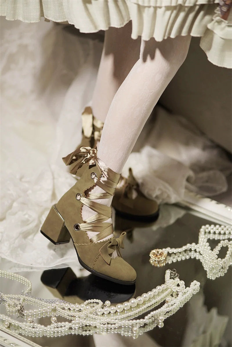 MR.Qiutian - Muse Kiss - Elegant Lolita Shoes Lace-up Bow Heels Round Toe