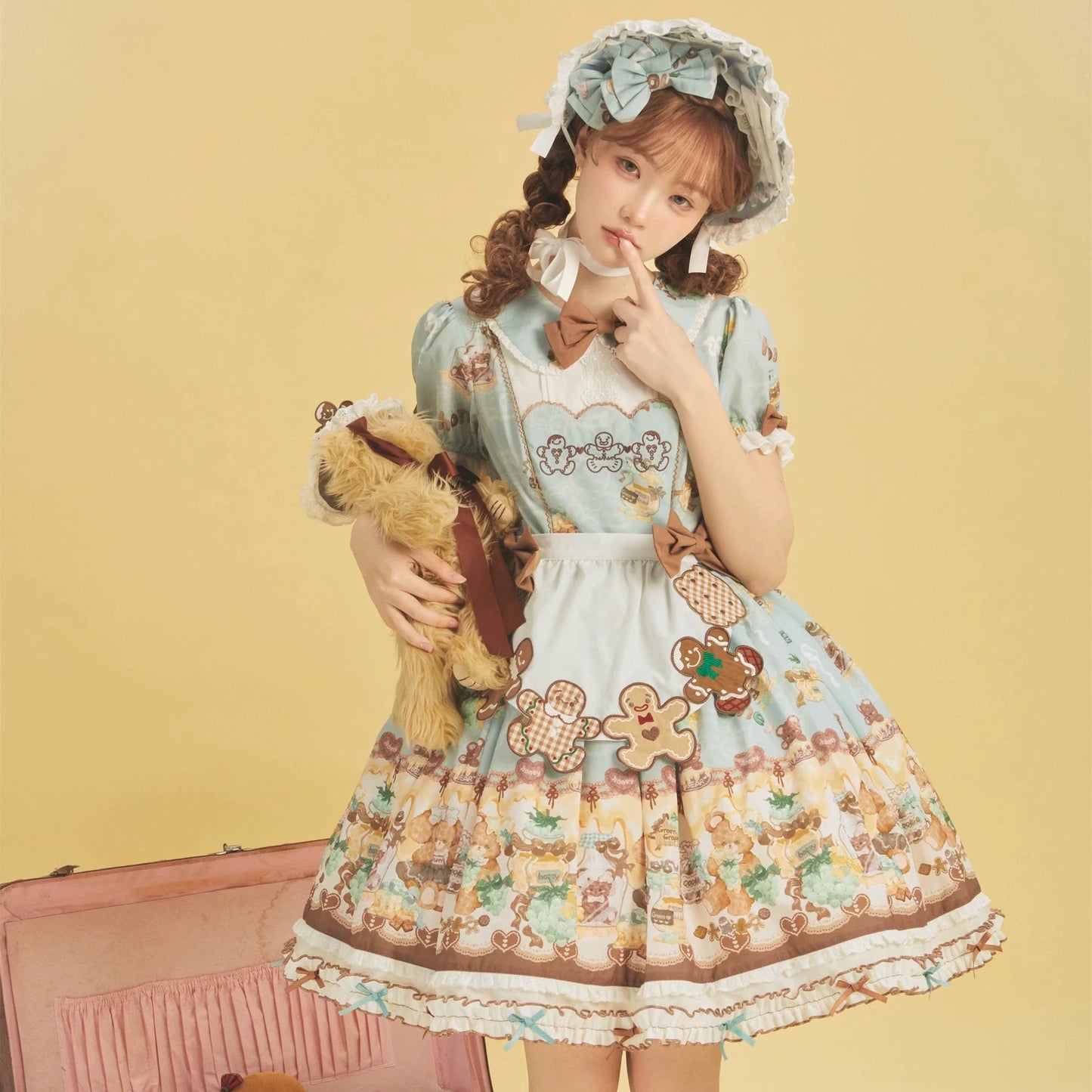 Babyblue - Little Bear Honey Jar - Kawaii Lolita Short Sleeve OP Gingerbread Man Embroidered Dress