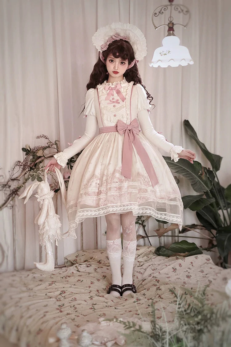 Half Sweet Lolita - Doll Garden - Sweet Lolita JSK Dress Cat Print Pink Dress Set