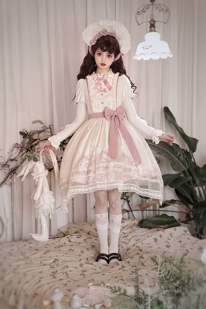 Half Sweet Lolita - Doll Garden - Sweet Lolita JSK Dress Cat Print Pink Dress Set