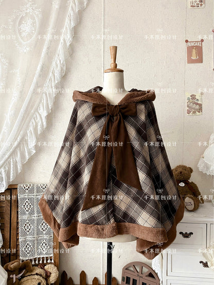 Qianmu - Waffle - Kawaii Lolita Cape Daily Lolita Plaid Hoodie Cloak