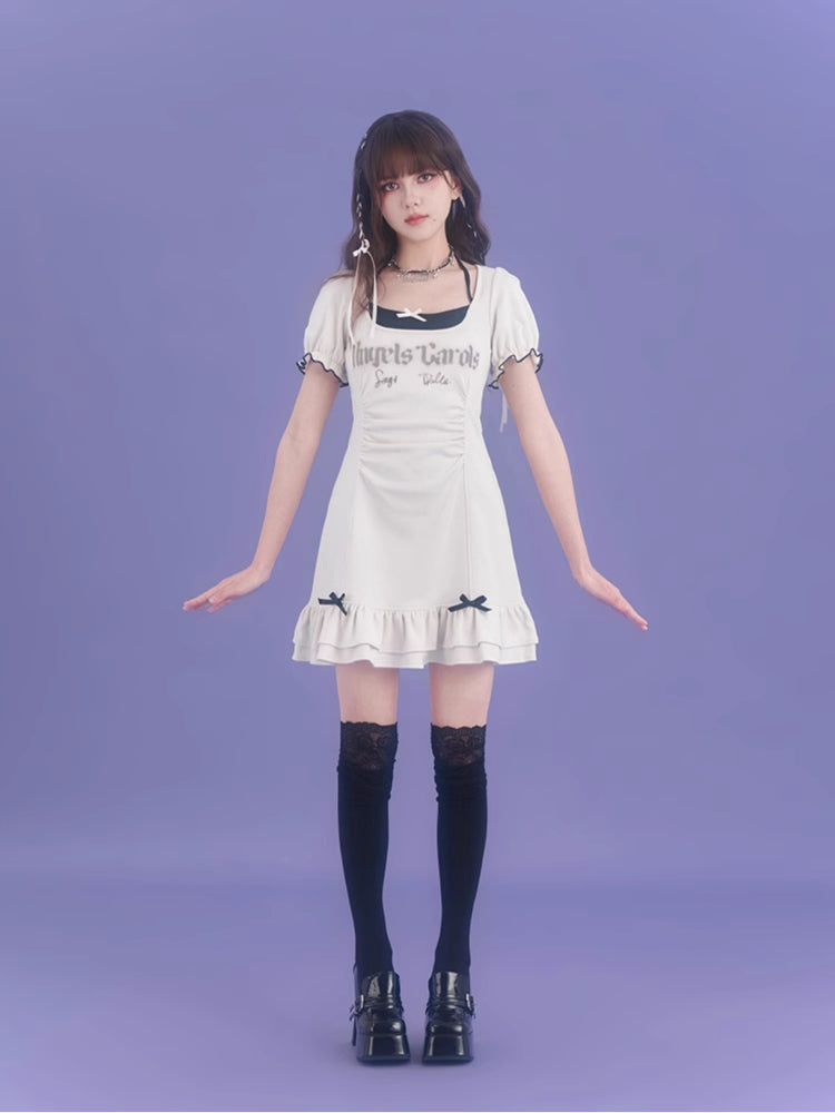 Strap halter neck short sleeve dress【s0000007842】