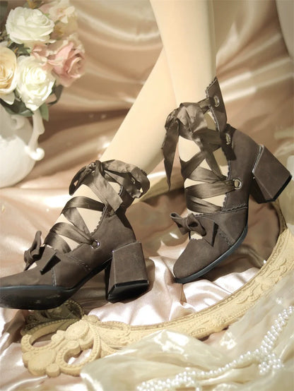 MR.Qiutian - Muse Kiss - Elegant Lolita Shoes Lace-up Bow Heels Round Toe