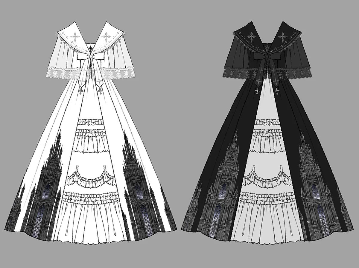 Cornfield Lolita - Silent Church - Gothic Lolita JSK Front Open Printed Dress and Thin Cardigan Set