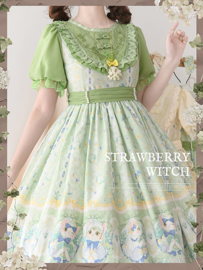 Strawberry Witch - Lily of the Valley Kitten - Country Lolita OP with Embroidery and Cat Print