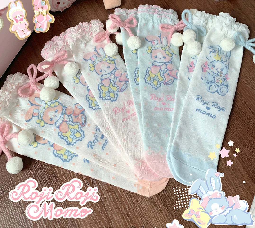 Roji Roji - Kawaii Lolita Mid-Calf Socks, Rabbit Print