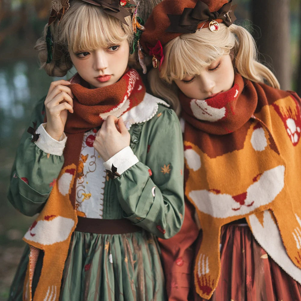 Miss Point - Chubby Fox in the Forest - Kawaii Lolita Accessories Knitted Fox Scarf Embroidered Faux Collar