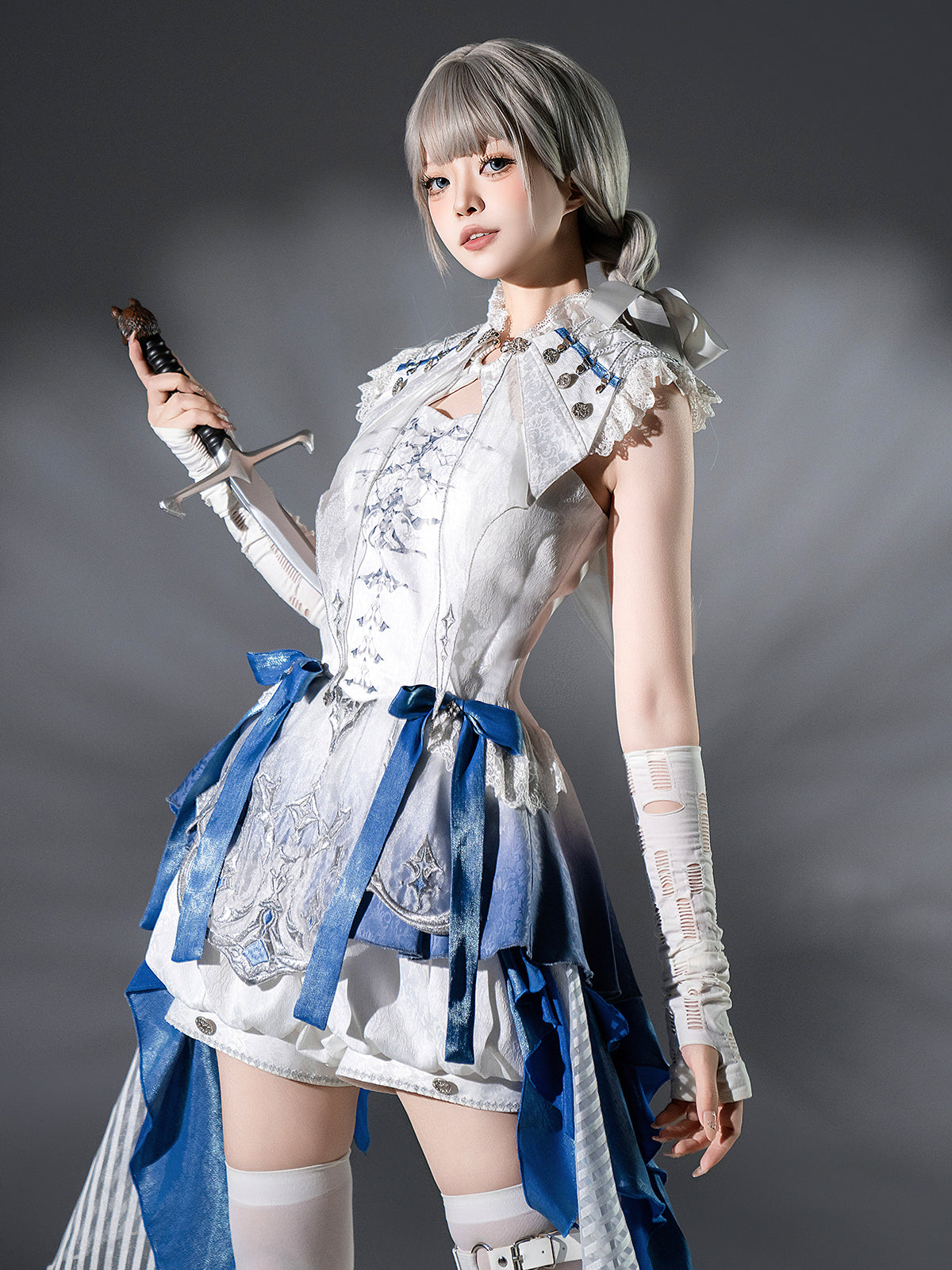 Designer's Gift - Blue Dragon Bone - Ouji Lolita Shorts Suit with Embroidery and Trailing