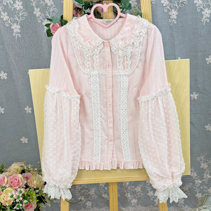 DMFS Lolita - Spiral Candy - Sweet Lolita Long Sleeve Cotton Shirt, Lace Accents