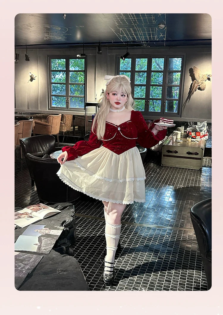 Yingtang - Plus Size Lolita Dress Velvet Long Sleeve