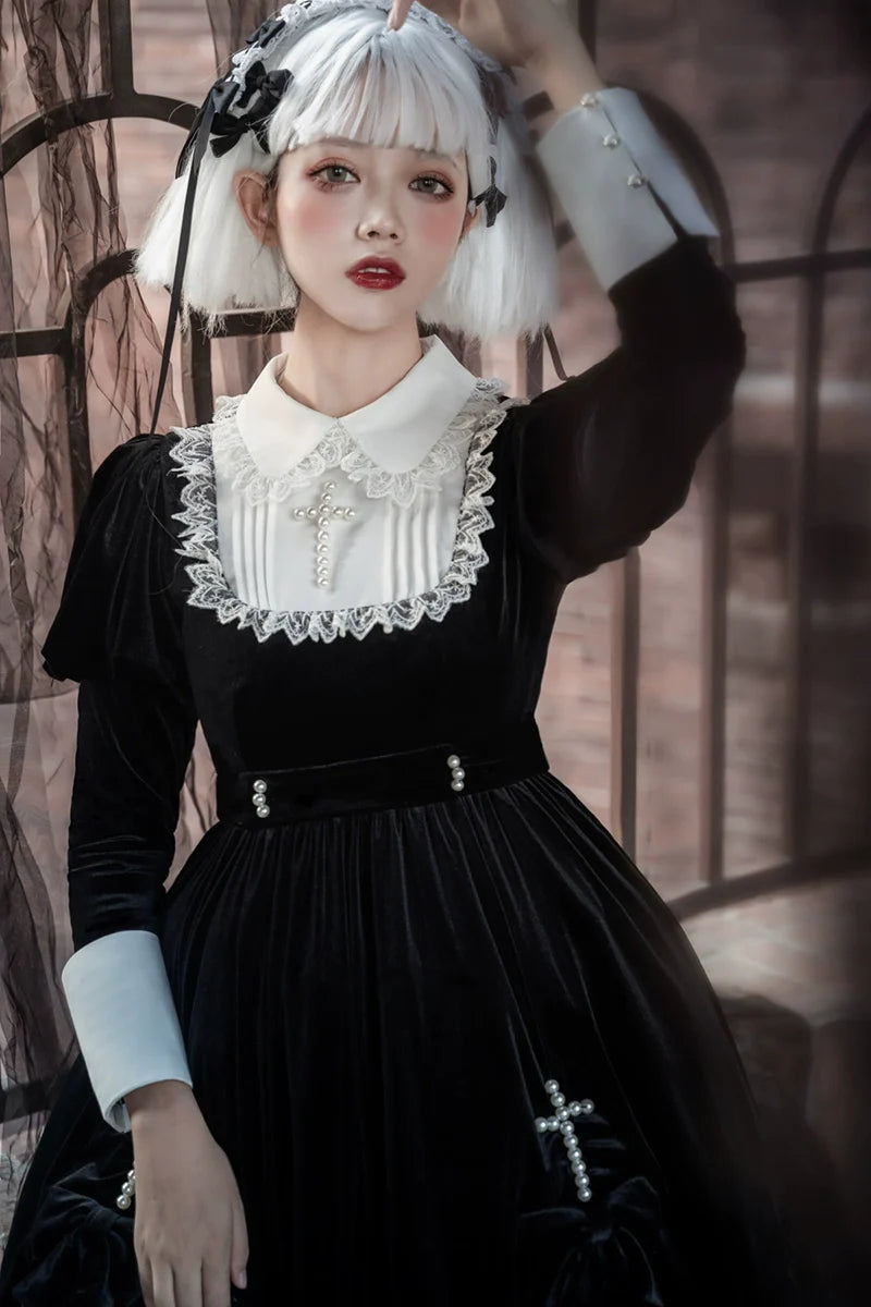 Your Princess - Gothic Lolita Velvet Maid OP Dress, Pearl Cross Accents