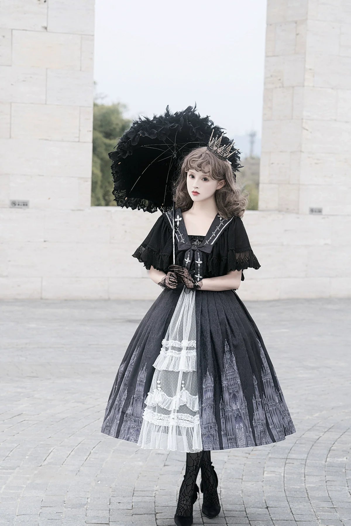 Cornfield Lolita - Silent Church - Gothic Lolita JSK Dress Printed Dress Thin Shawl Set
