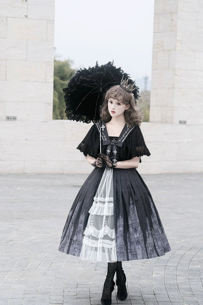 Cornfield Lolita - Silent Church - Gothic Lolita JSK Dress Printed Dress Thin Shawl Set