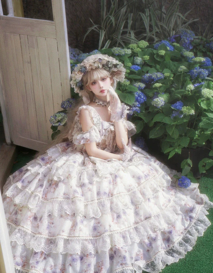 Cat Fairy - Rose Letter - Gorgeous Lolita JSK Princess Dress Chiffon Floral Printed Blue Dress