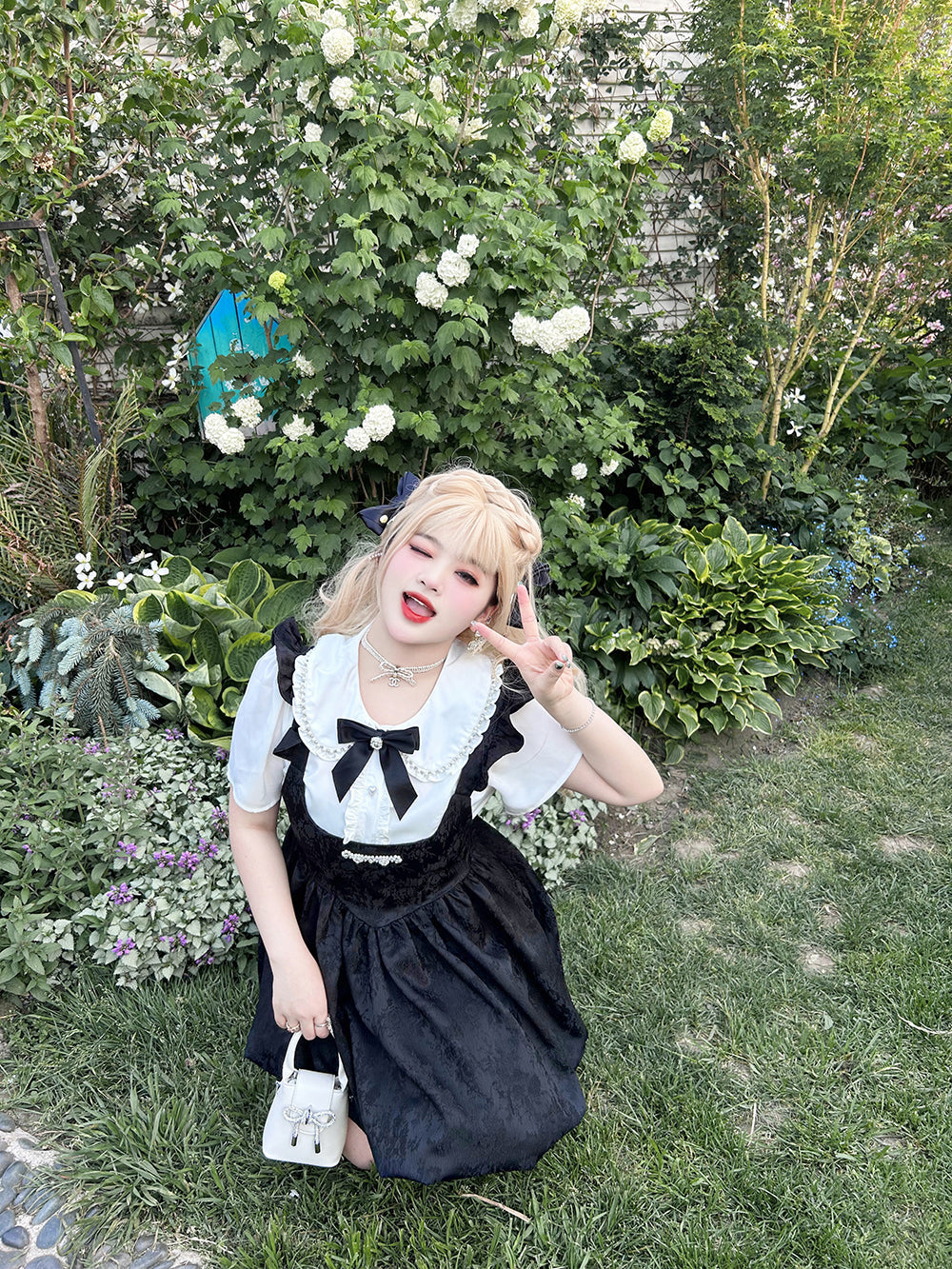 Yingtang - Plus Size Lolita Dress Set Short Sleeve Shirt