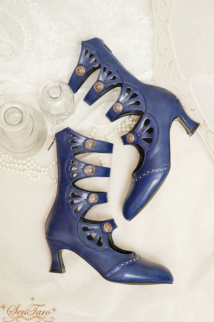 Sentaro - Floral Carved - Vintage Lolita Shoes Mary Jane Hollow-out Ankle Boots