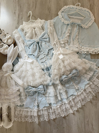 Hanguliang - Cross Heart Knot - Sweet Lolita JSK Suit Tiered Ruffles Dress with Lace Blouse