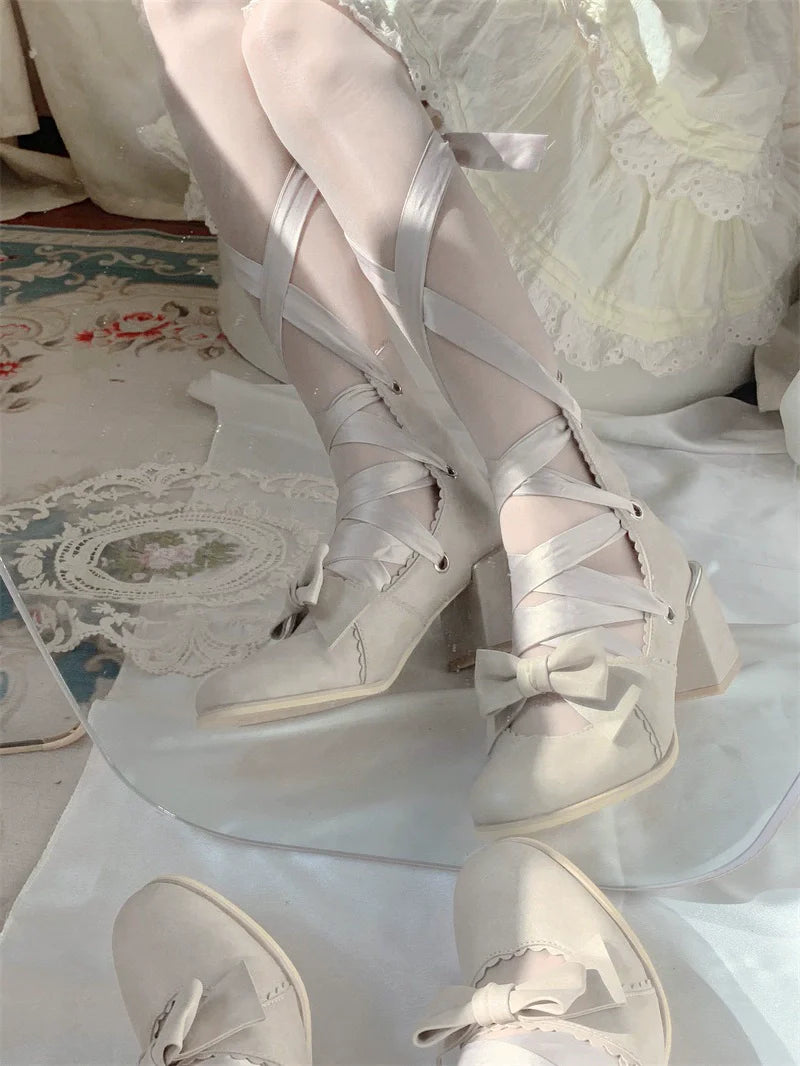 MR.Qiutian - Muse Kiss - Elegant Lolita Shoes Lace-up Bow Heels Round Toe