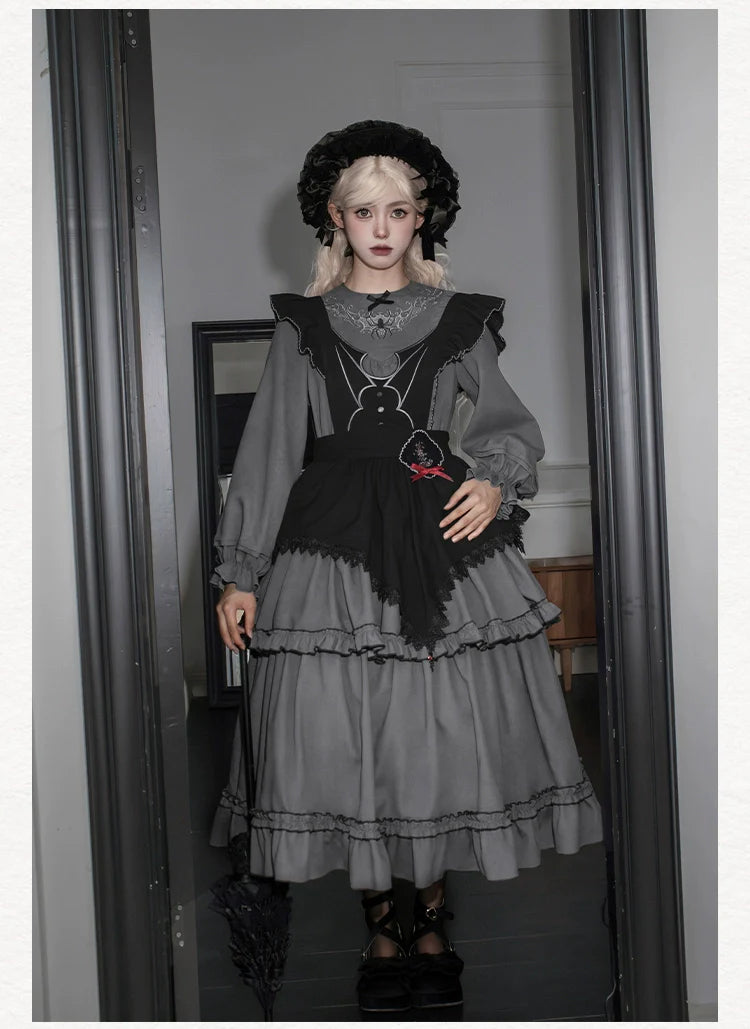 With PUJI - Castle Night - Gothic Twins Lolita OP Three-tiered Embroidery Dress