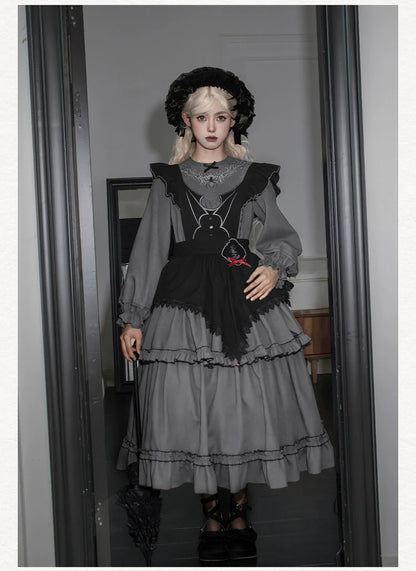 With PUJI - Castle Night - Gothic Twins Lolita OP Three-tiered Embroidery Dress