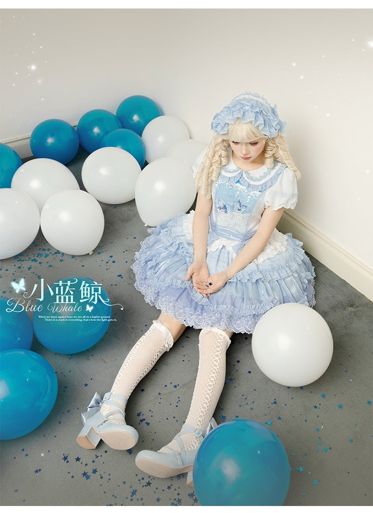 Honey Machine - Blue Whale - Sweet Lolita OP Suit Tiered Ruffle Dress with Shell Lace