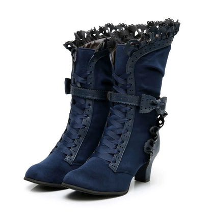 Sosic - Meteorite's Wound - Winter Gothic Lolita Boots Dark Velvet Mid-Calf Heels
