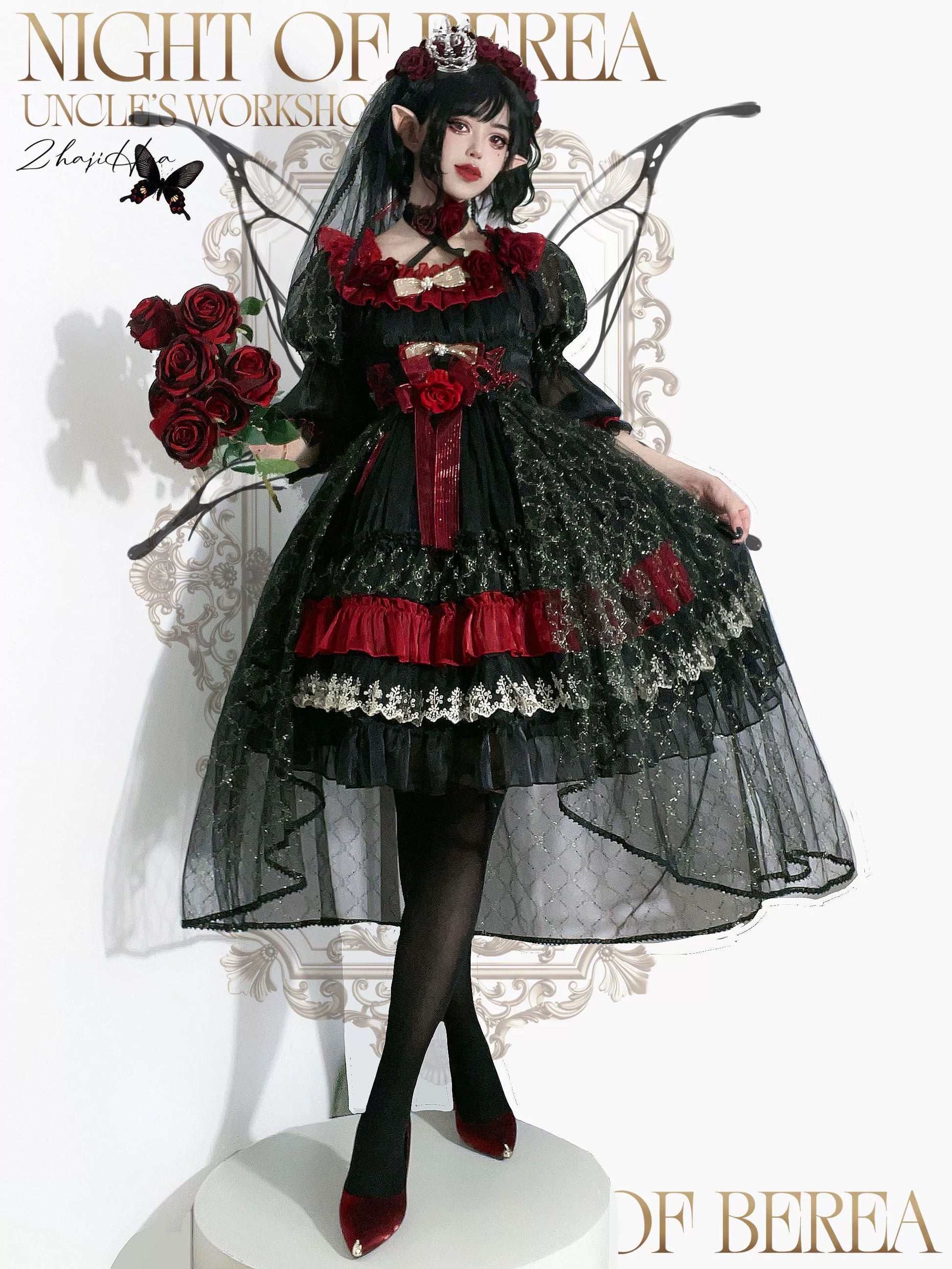 Uncle's Workshop - Night of Berea - Gothic Lolita OP Black and Red Lolita Dress