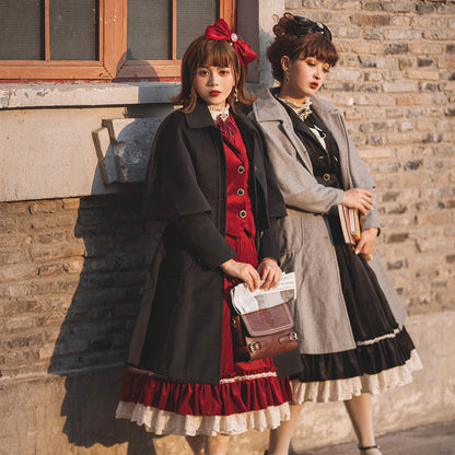 Miss Point - Rose Silhouette - Vintage Woolen Cape Hooded Long Coat