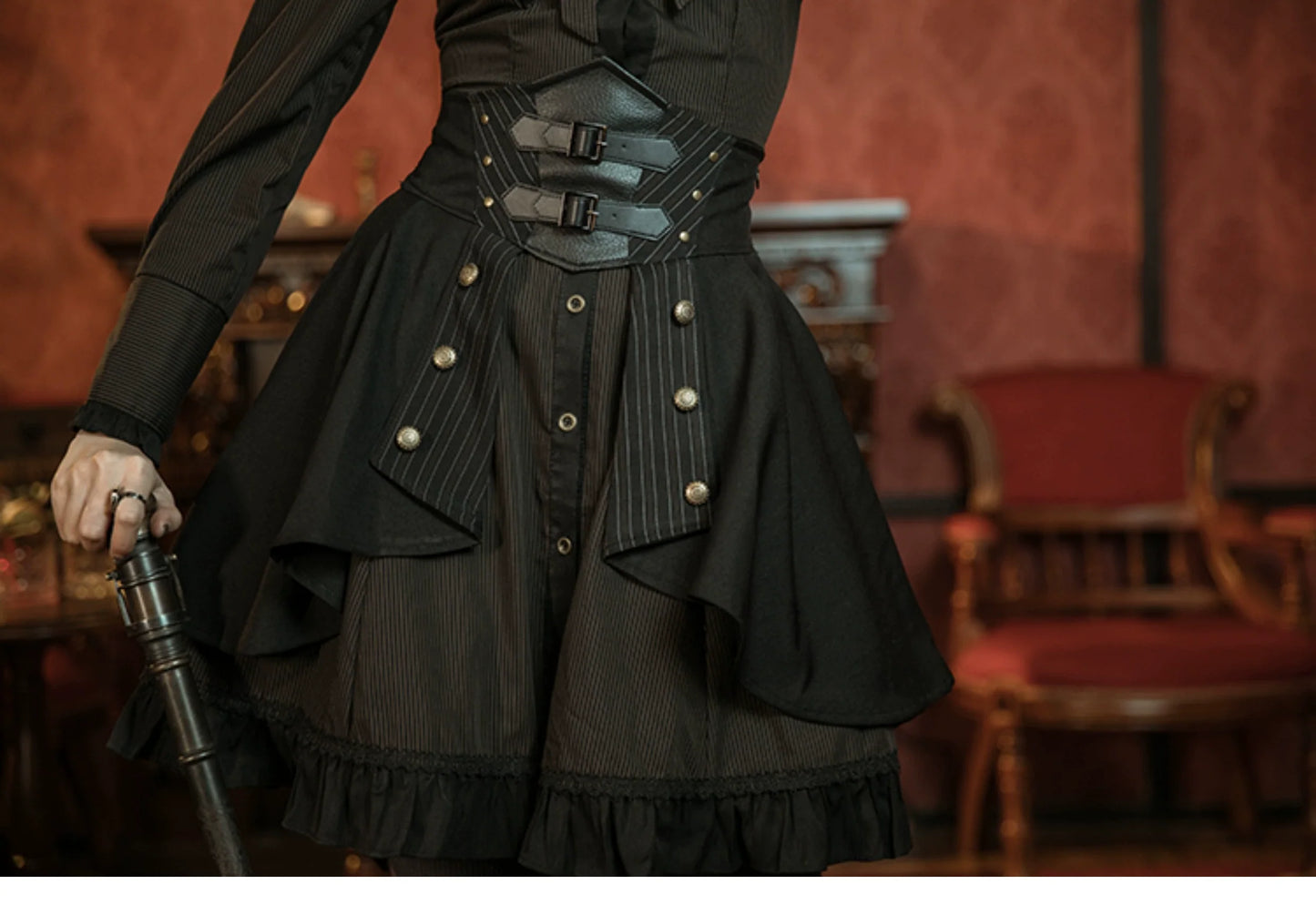 Mr. Yi's Steam Continent - Gothic Lolita Skirt Black High-Waisted Leather Waistband Skirt