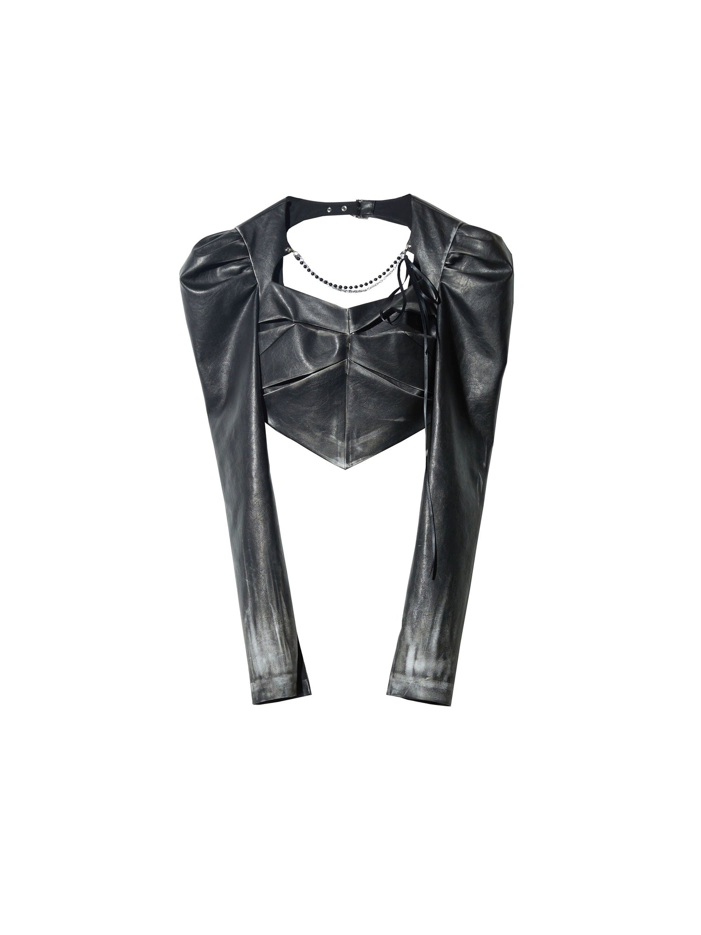 Chain Decorated Gradient Imitation Leather Short Jacket