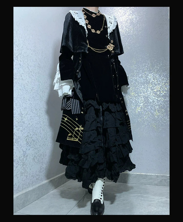 Forest Fluorescent Carps - Black and White Sonata - Ouji Lolita Vest Suit and Vintage Lolita OP Dress