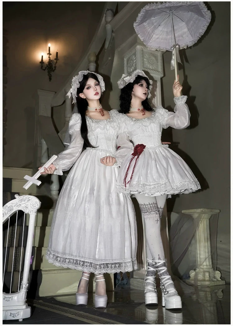 With PUJI - Dawn's Last Light - Castle Printed White Gothic Lolita OP, Two Length Styles
