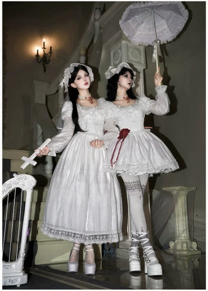 With PUJI - Dawn's Last Light - Castle Printed White Gothic Lolita OP, Two Length Styles