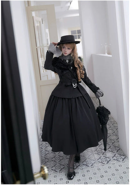 With PUJI - Old Testament - Classic Lolita Coat Black Plush Lolita Cape and Brooch