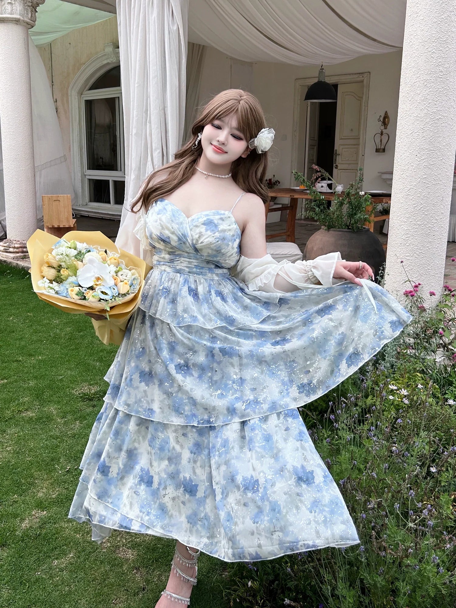 Yingtang - Plus Size Blue Lolita JSK Dress Cardigan Set New Arrival