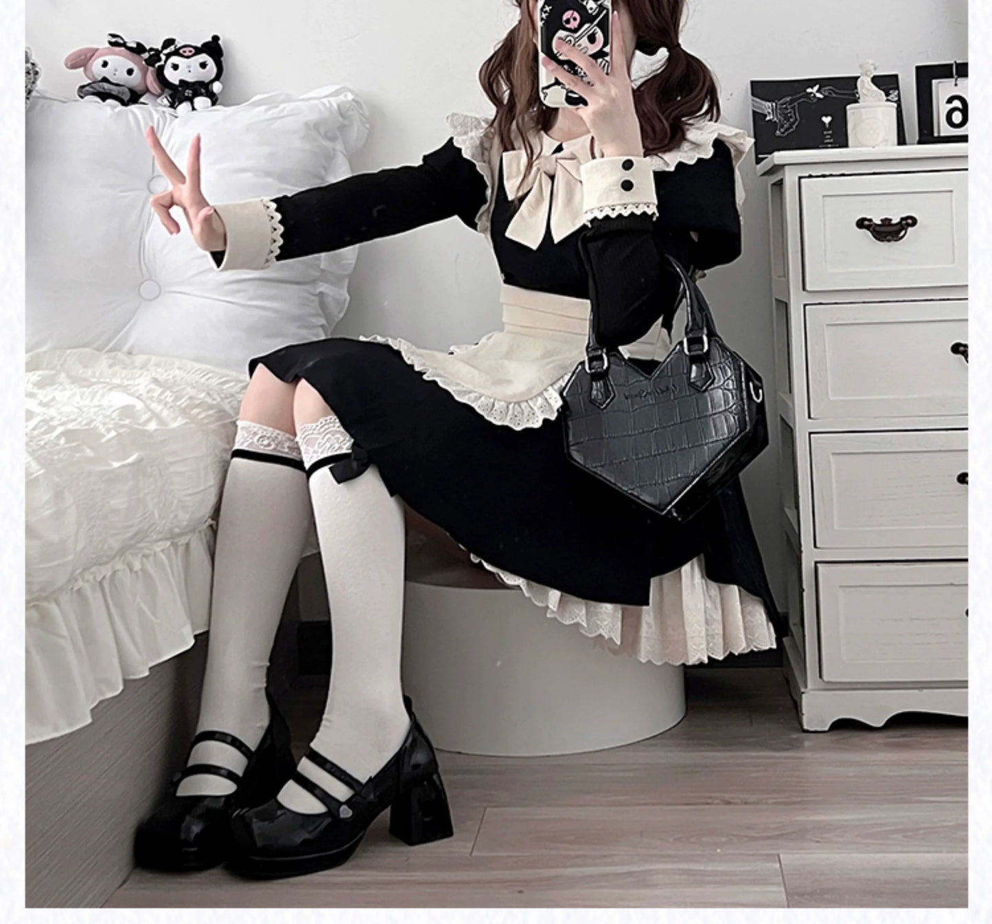 With PUJI - Kiss Kiss - Vintage Lolita OP Dress Maid Lolita Apron Dress