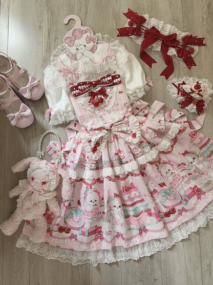 Hanguliang - Cherry Bake Song - Kawaii Lolita JSK Dress With Dessert Print & Cherry Bow