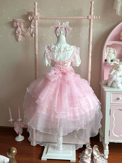 Hanguliang - Fudie Heart - Sweet Lolita JSK Dress With Tiered Skirt and Bow Trailing